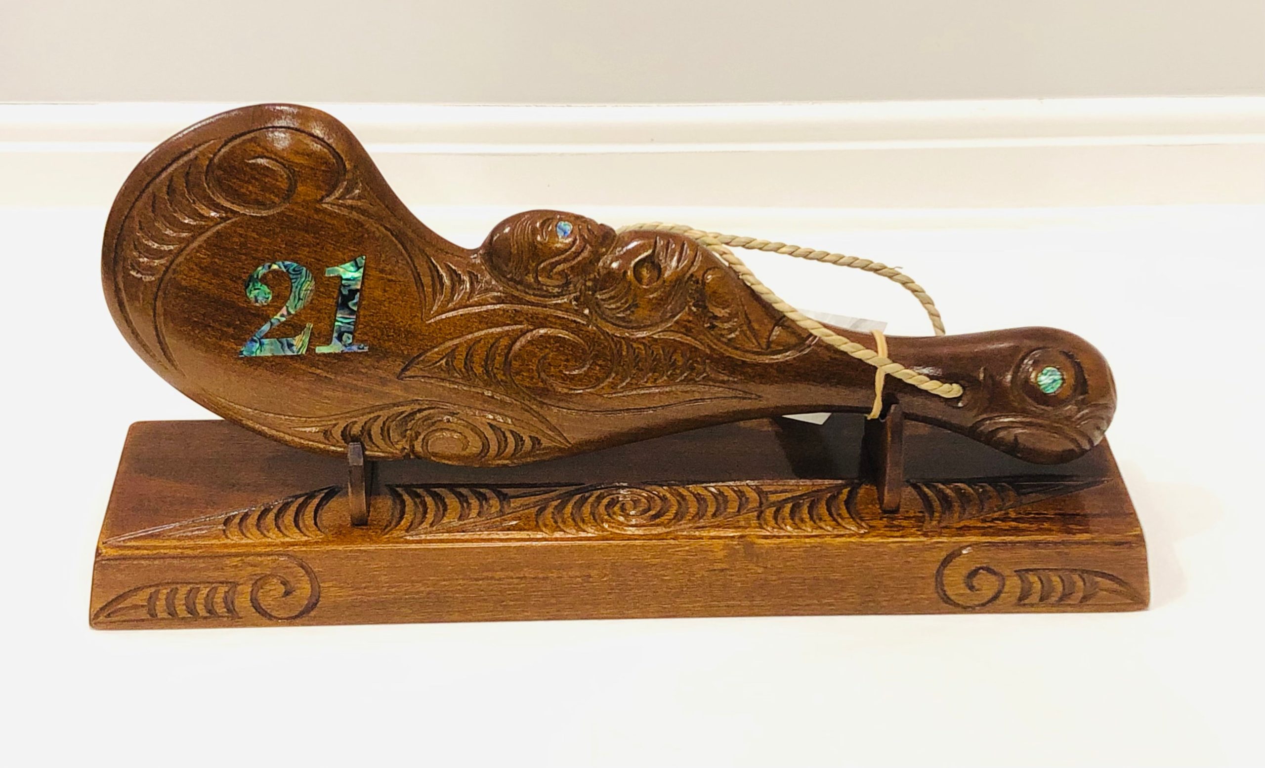 21st Hand Carved Wahaika on Base with Paua 21 Inlay - Design 440P 21st Keys 