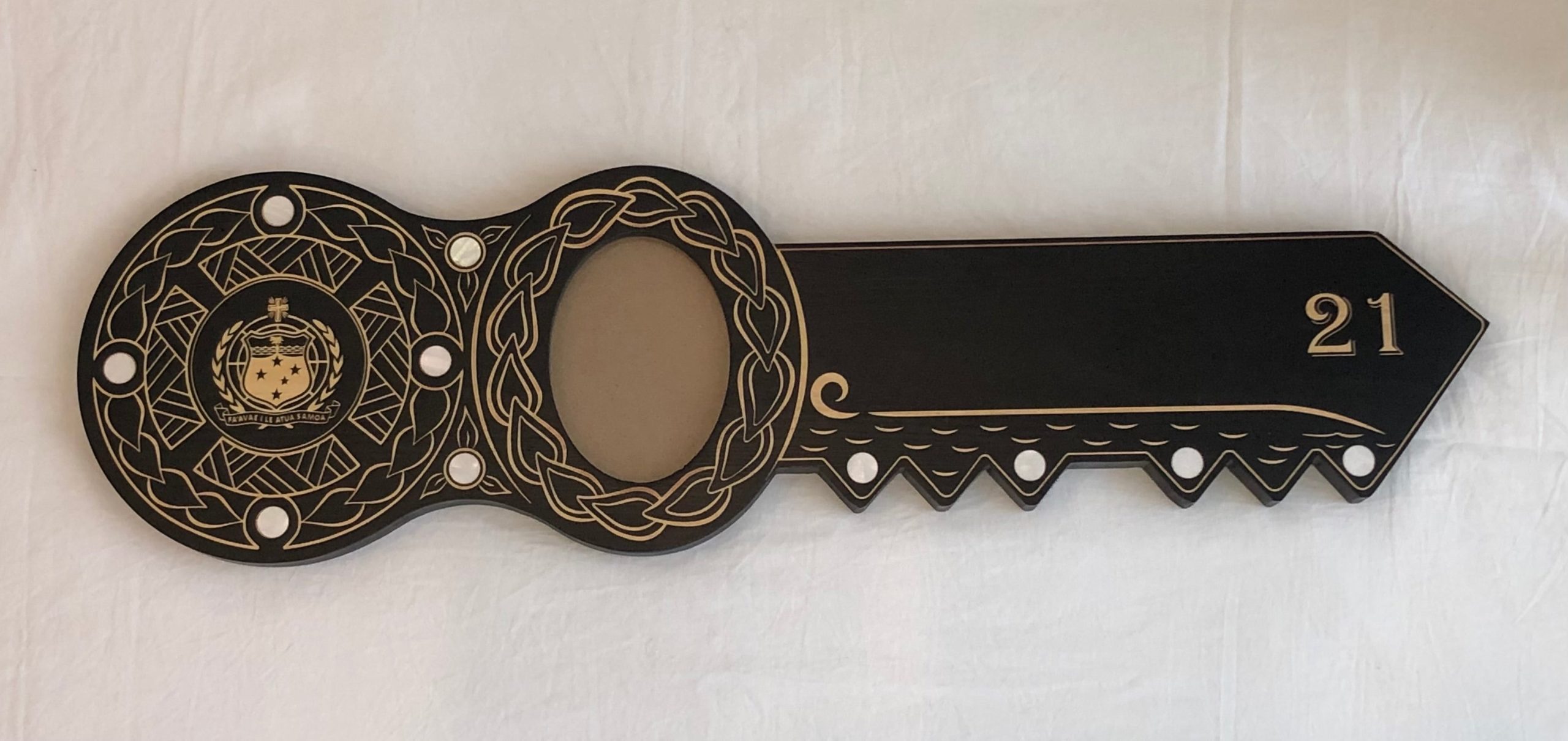 21st Island Design Key with Laser Engraved Samoan Sila & 21 with Round White Mother of Pearl Inlays - Design 2115 21st Keys 