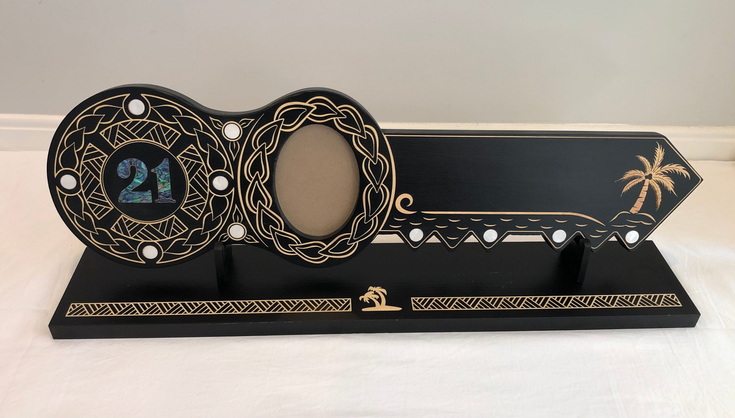 21st Island Design Key with Laser Engraved Patterns & "21" Paua Shell Inlay with Round White Mother of Pearl Inlays and Matching Stand - Design 2117 (Stand) 21st Keys 