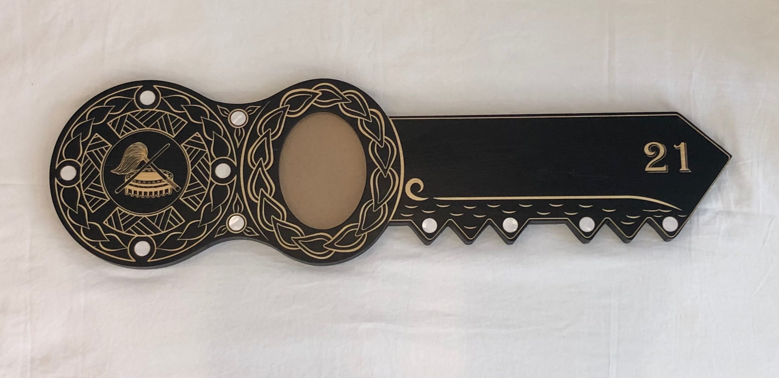 21st Island Design Key with Laser Engraved Samoan Tanoa and Fue & 21 with Round White Mother of Pearl Inlays - Design 2119 21st Keys 