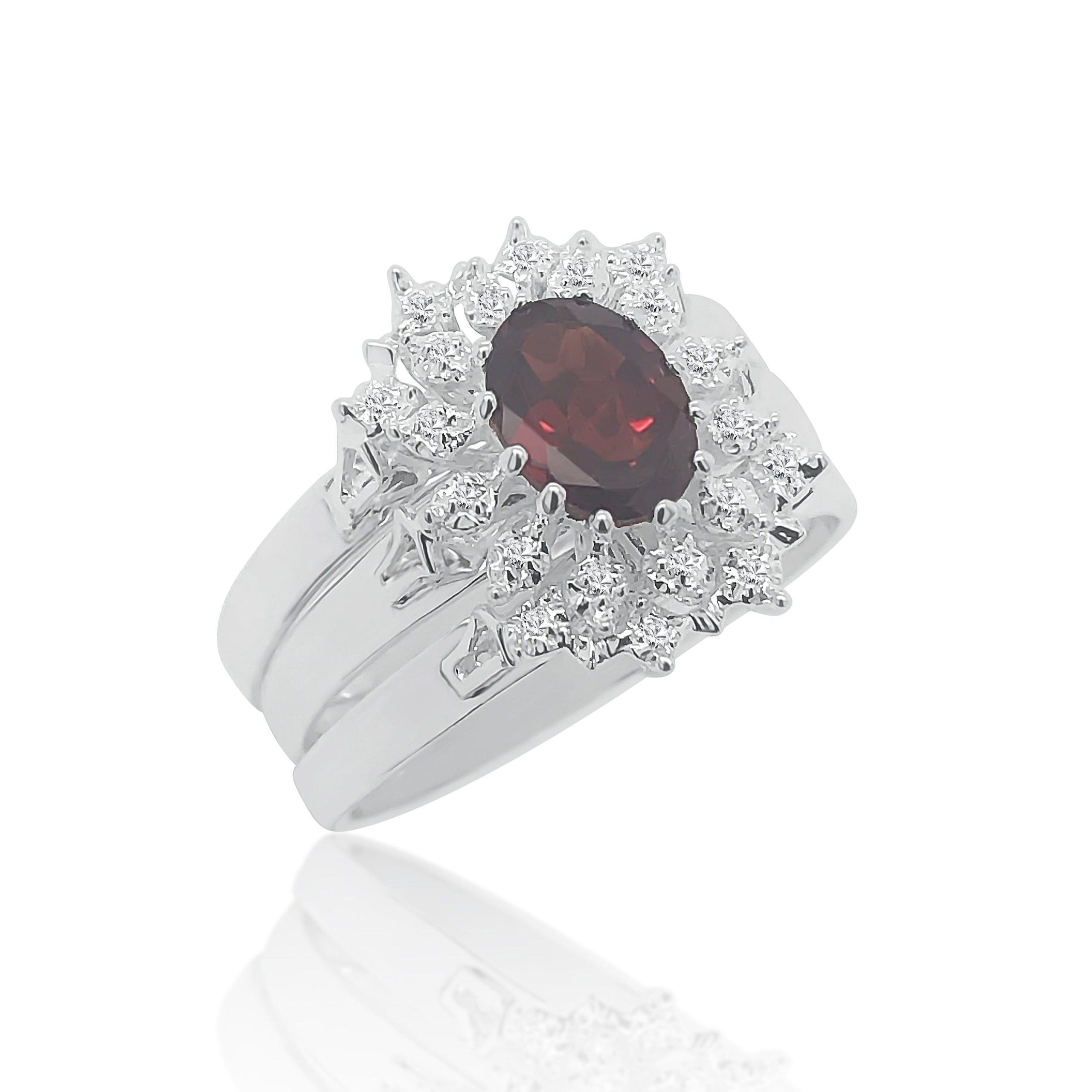 Sterling Silver 3 Piece Cluster Ring Set with Cubic Zirconia & Garnet Setting - S/S-D2053-GAR Sterling Silver Rings 
