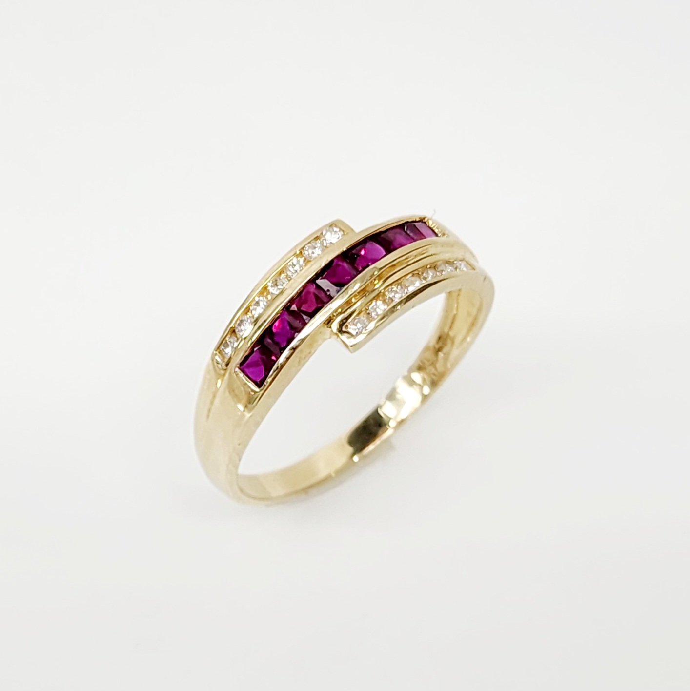 9ct Yellow Gold 0.21ct Diamond & Created Ruby Crossover Ring Gold Rings 