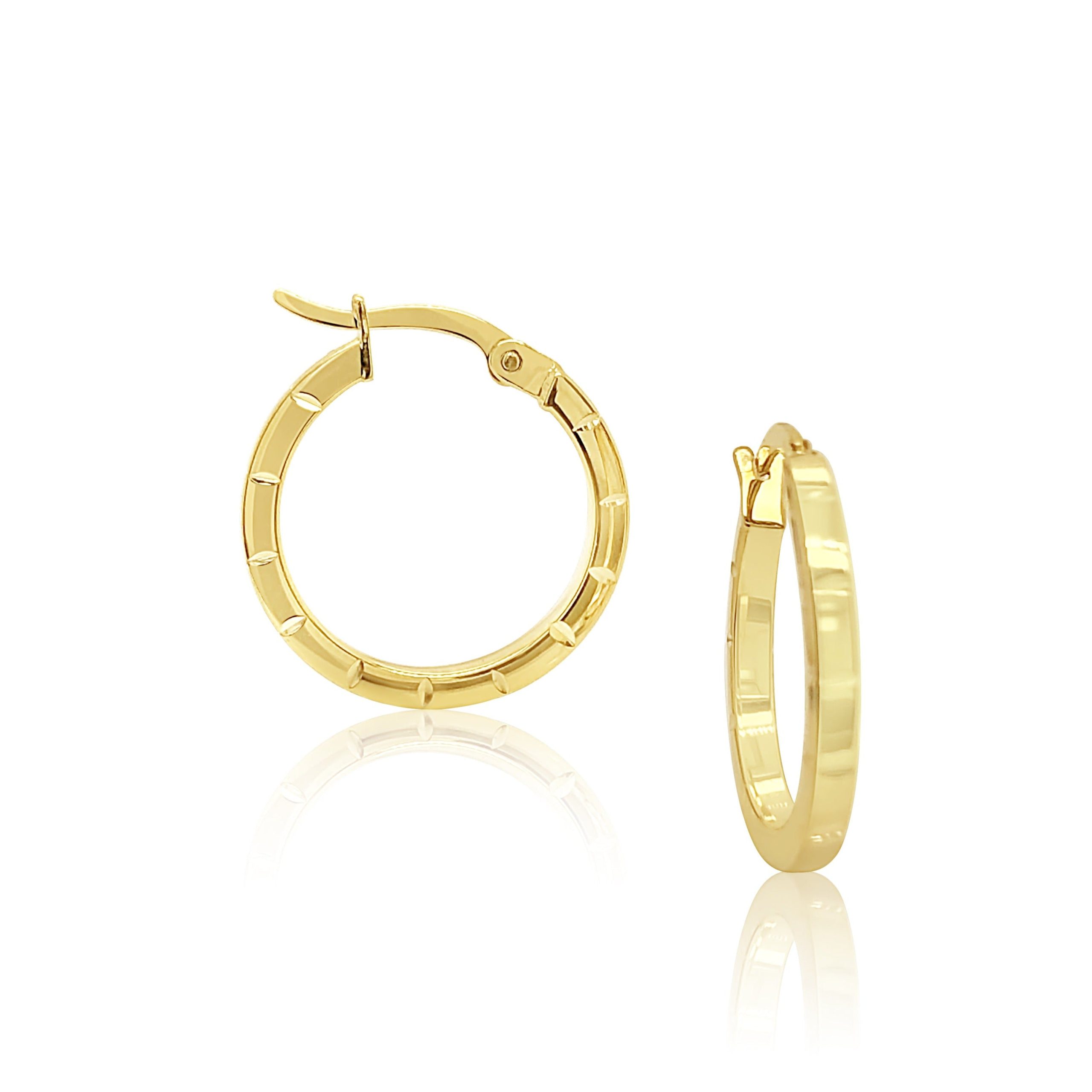 9ct Yellow Gold Silver Filled 15mm Diameter Cut Design Square Hoop Earrings Gold & Silver Bonded Earrings, Gold Earrings 