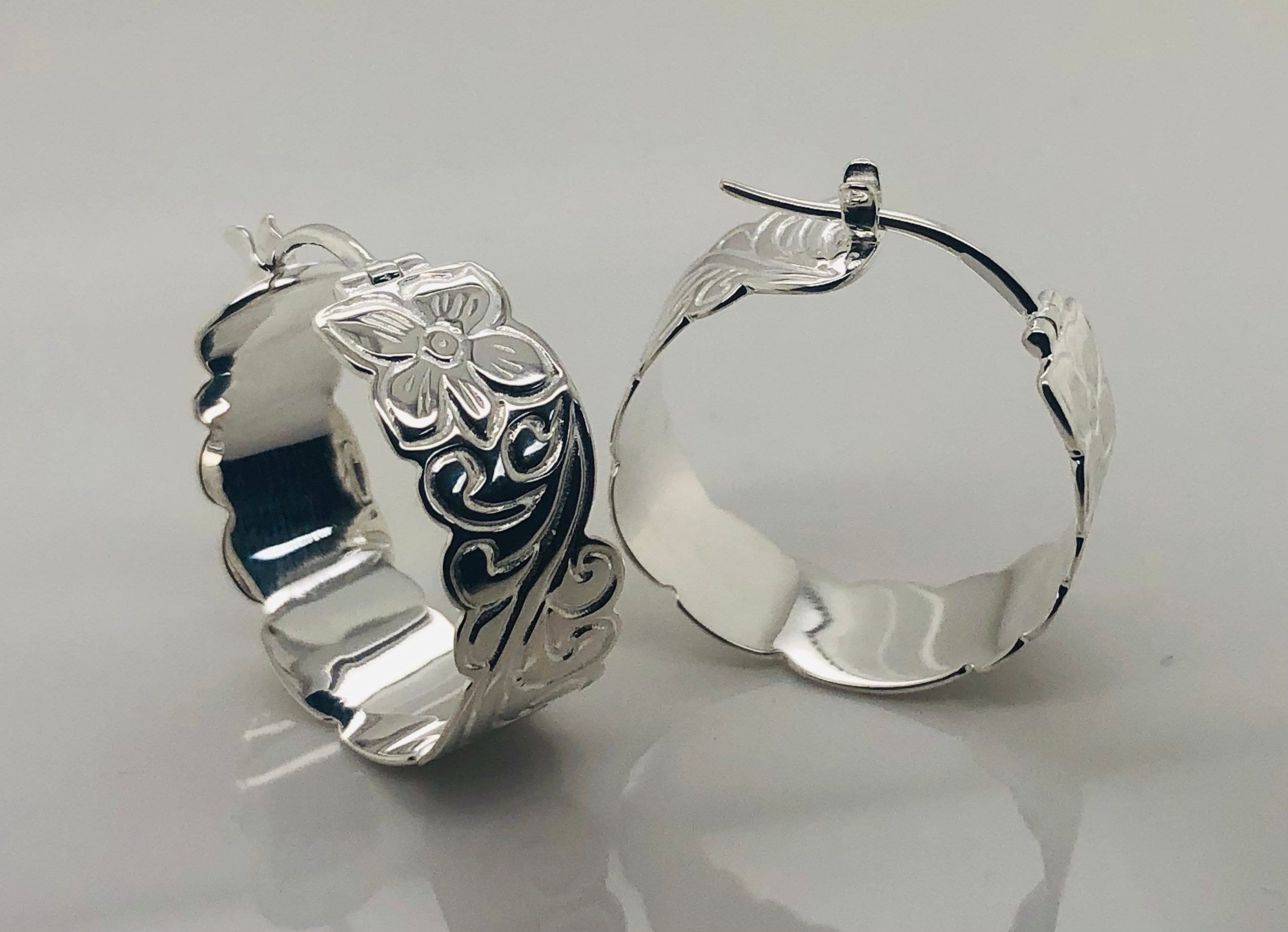 Sterling Silver Hawaiian Design Hoop Earrings 10mm Wide x 22mm STERLING SILVER EARRINGS 