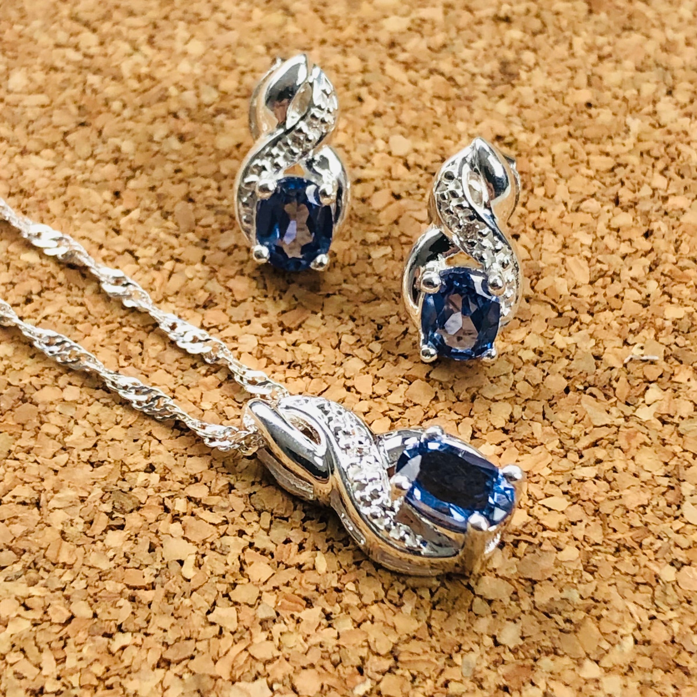 Sterling Silver Created Ceylon Sapphire & CZ Pendant and Earring Set Sterling Silver Pendants 