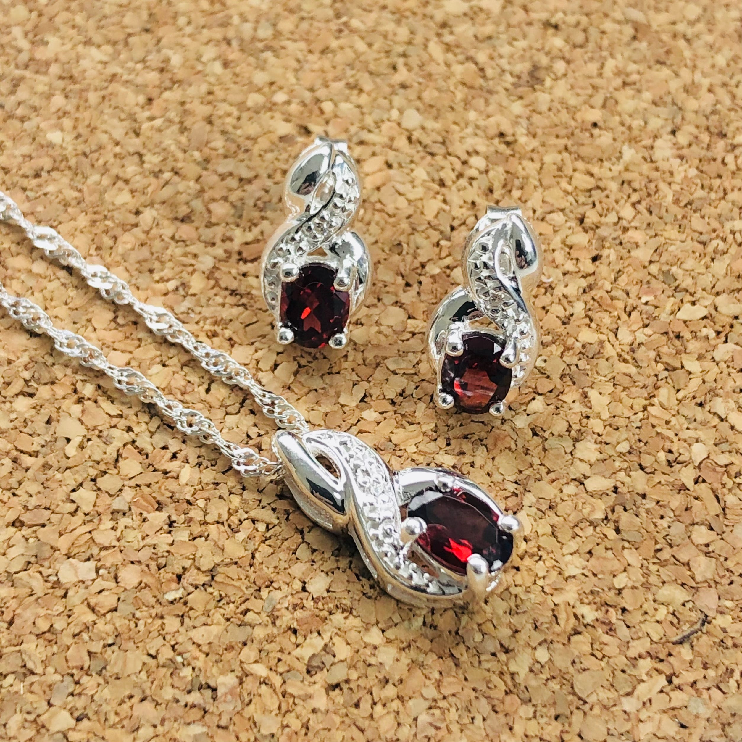 Sterling Silver Garnet & CZ Pendant and Earring Set SKU-D3483 Sterling Silver Pendants 