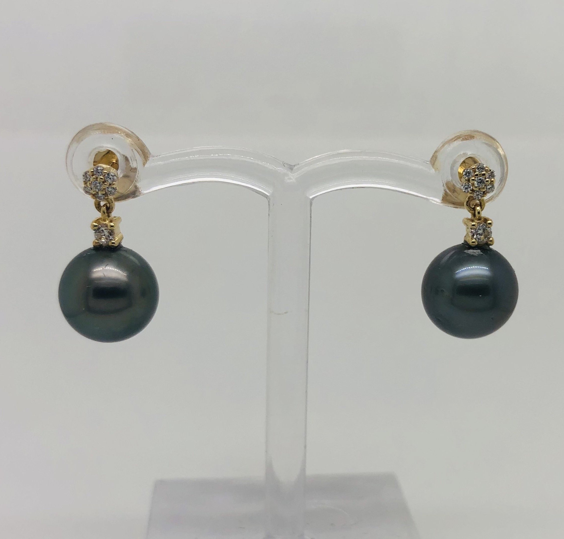9ct Yellow Gold 9.00-9.50mm Tahitian Black Pearl Drop Earrings With Cubic Zirconia Settings Gold Pearl Jewellery, Pearl Jewellery 