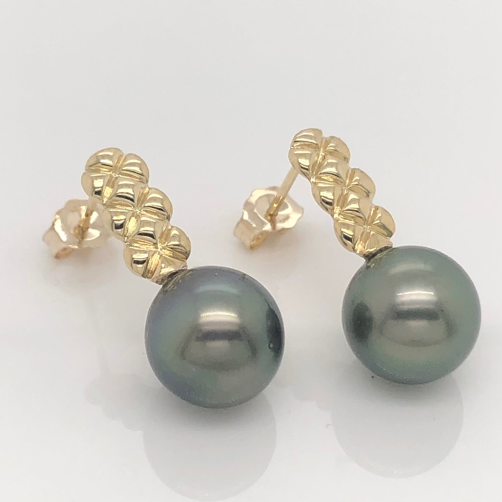 9ct Yellow Gold with Round Tahitian Black Pearl 9.0mm - 10.0mm Drop  Stud Earrings Gold Pearl Jewellery, Pearl Jewellery 