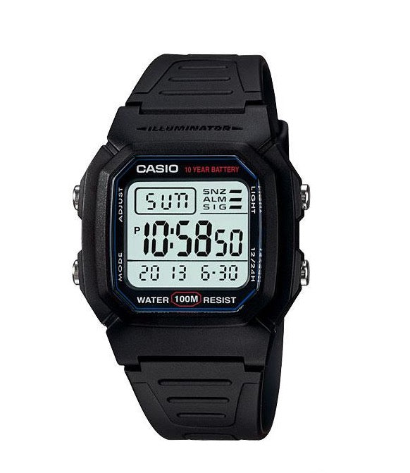 CASIO Digital 100M WR, 10Yr Battery Black Case & Band - W800H-1A CASIO 