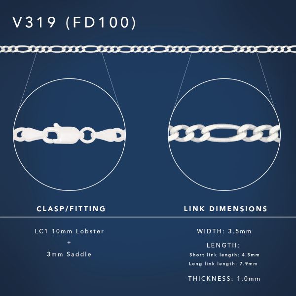 Sterling Silver FD100 Diamond Cut Figaro 1/3 Chain Sterling Silver Chains 