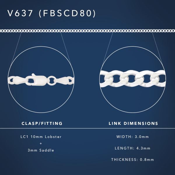 Sterling Silver FBSCD80 Flat Bevelled Diamond Cut Curb Sterling Silver Chains 
