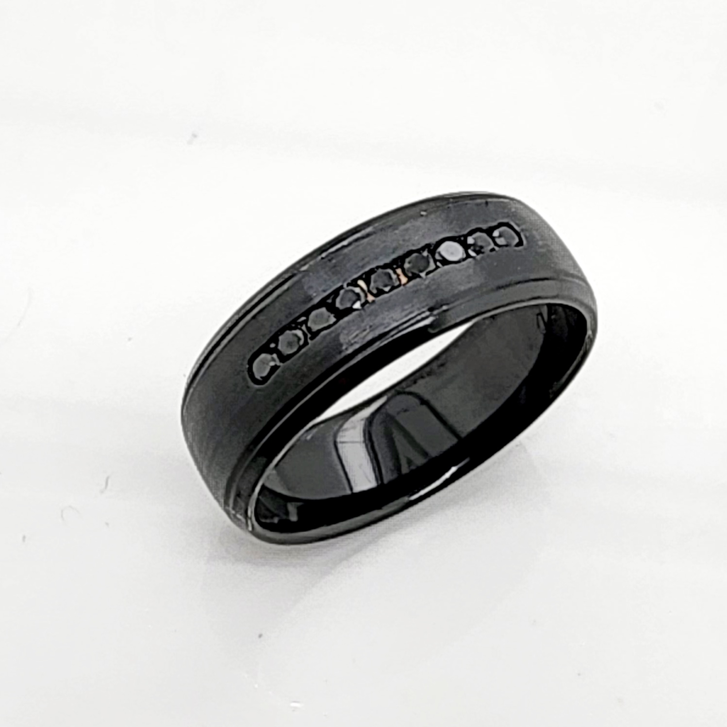 Black Zirconium Band 7mm Wide with Black Diamonds Gold Rings, Men's Gold Rings 