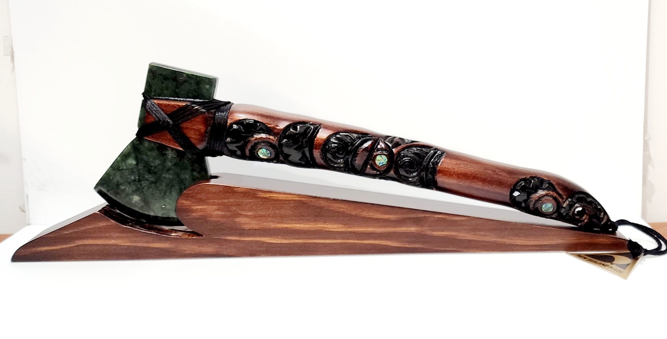 Large Wooden Carved Maori Axe - Toki Kaka Poto with New Zealand Greenstone on Stand NIXON, WATCH 