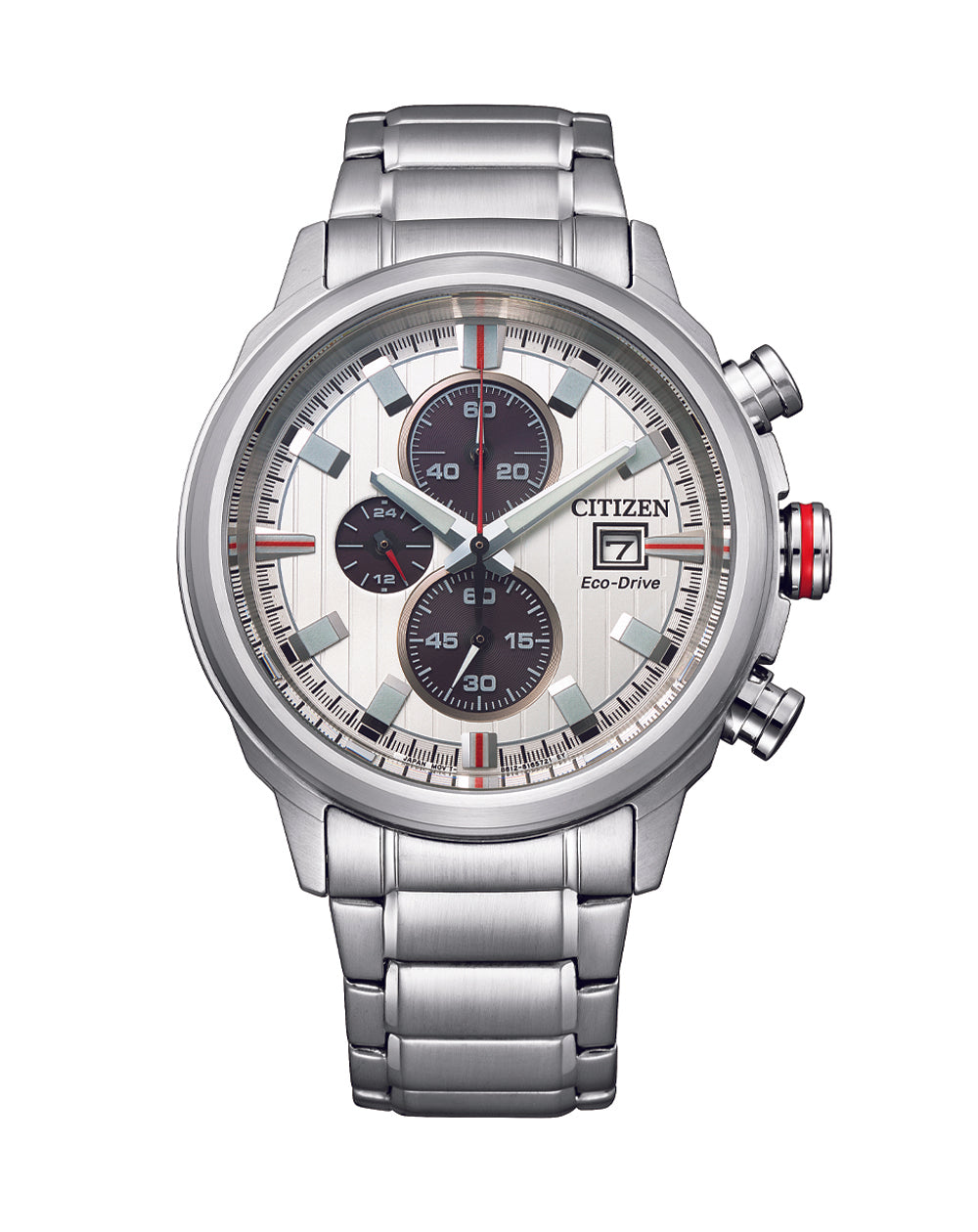 Citizen Eco-Drive Gents Chronograph 100m WR Silver Dial Stainless Steel Case & Band Watch - CA0738-83A Citizen Eco-Drive 