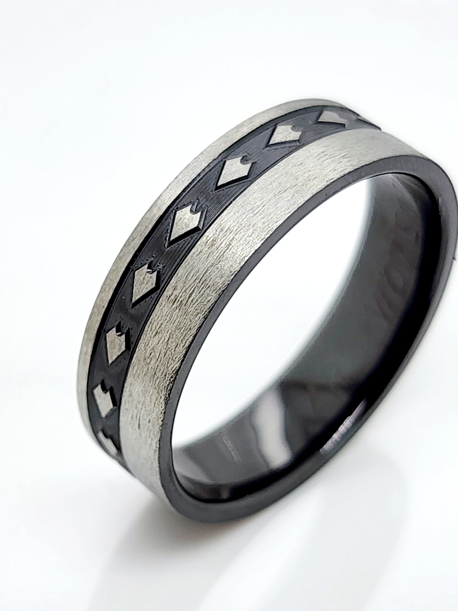 Black Zirconium Band 7mm Wide with Polynesian Inspired Patterns Engraved Gold Rings, Men's Gold Rings 