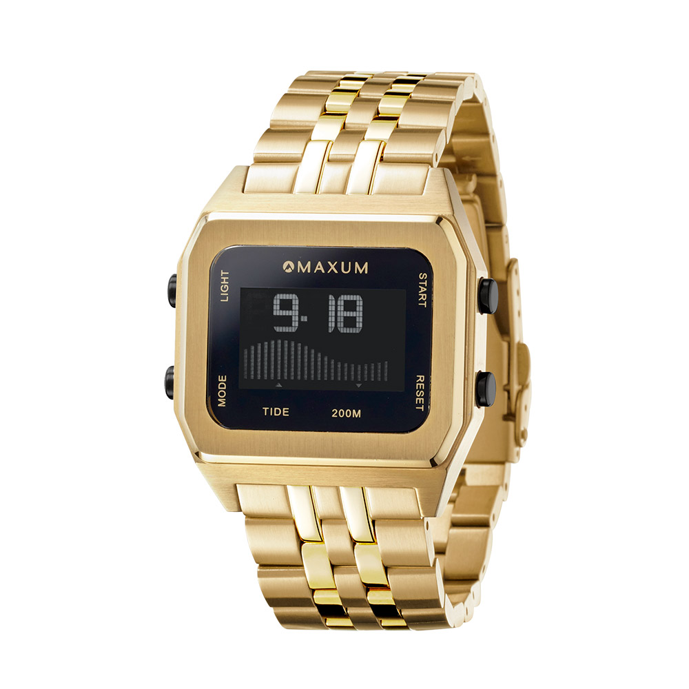 Maxum Raglan Digital Sqaure Dial Tide Watch Gold Tone Stainless Steel Case & Bracelet 200m WR - MW23104G03 MAXUM 