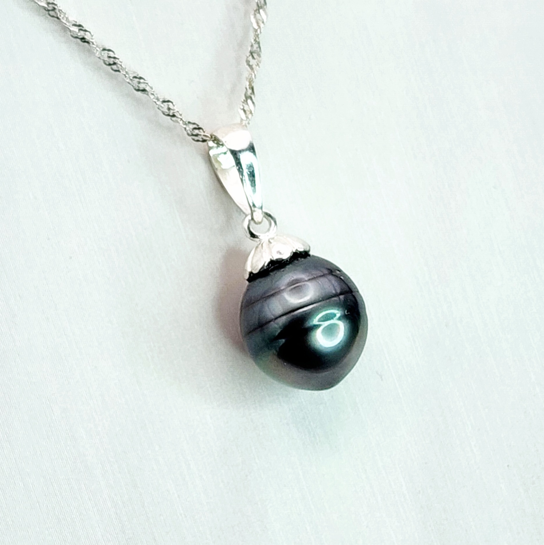 Sterling Silver 11-11.5mm Round Teardrop Tahitian Pearl Pendant with Sterling Silver 6mm Fluted Cap Pearl Jewellery, Sterling Silver Pearl Jewellery 