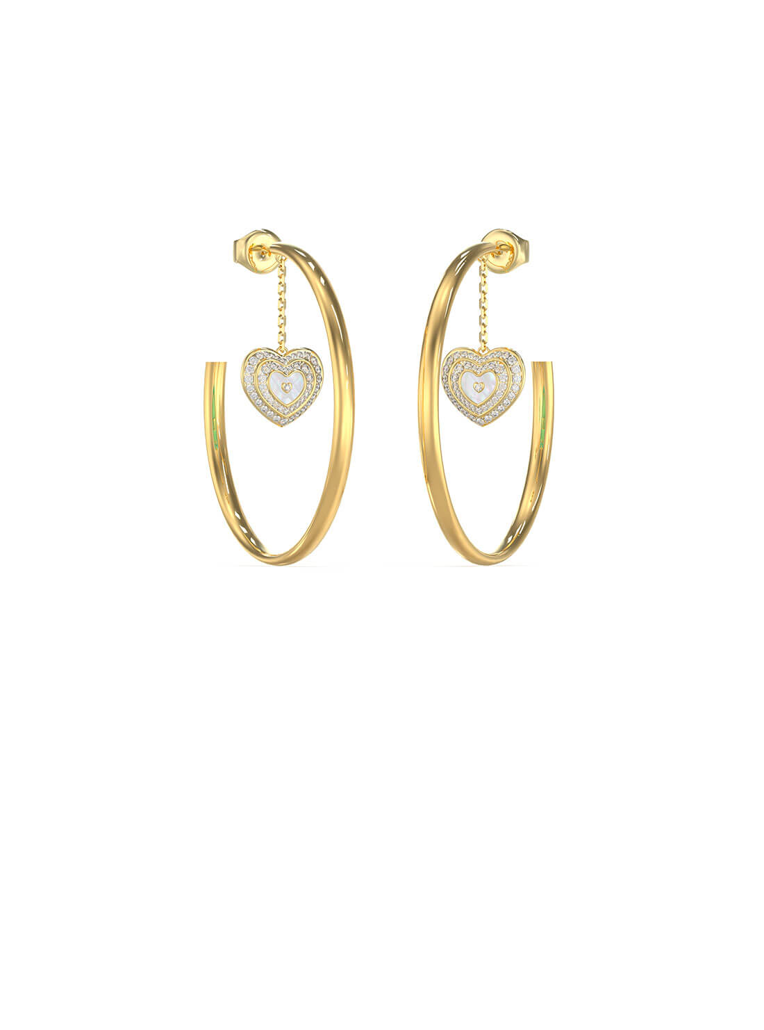Guess Gold Tone 50mm Mother of Pearl & Crystals Amami Heart Hoop Stud Earrings GUESS JEWELLERY 