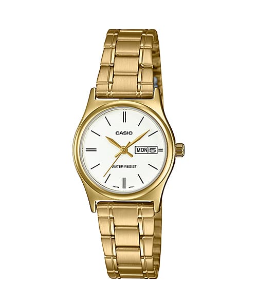 Casio Ladies Analogue Watch Day/Date WR Gold Tone White Dial - LTP-V006G-7B CASIO 
