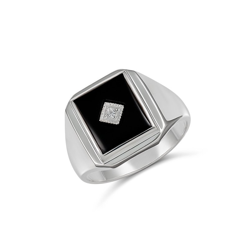 Sterling Silver 12 x 10mm Rectangle Black Onyx Gents Ring Centre Set with Cubic Zirconia Sterling Silver Rings 