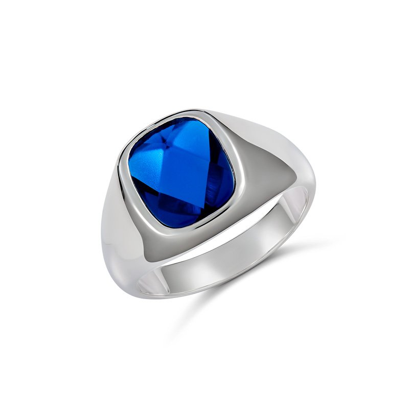 Sterling Silver 12 x 10mm Cushion Synthetic Blue Stone (Blue Spinel) Gents Ring Sterling Silver Rings 