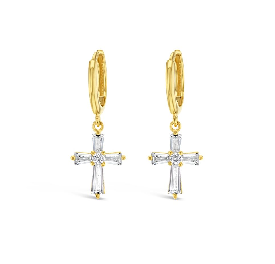 9ct Yellow Gold Fancy CZ Cross on Plain Huggie Gold Bracelets 