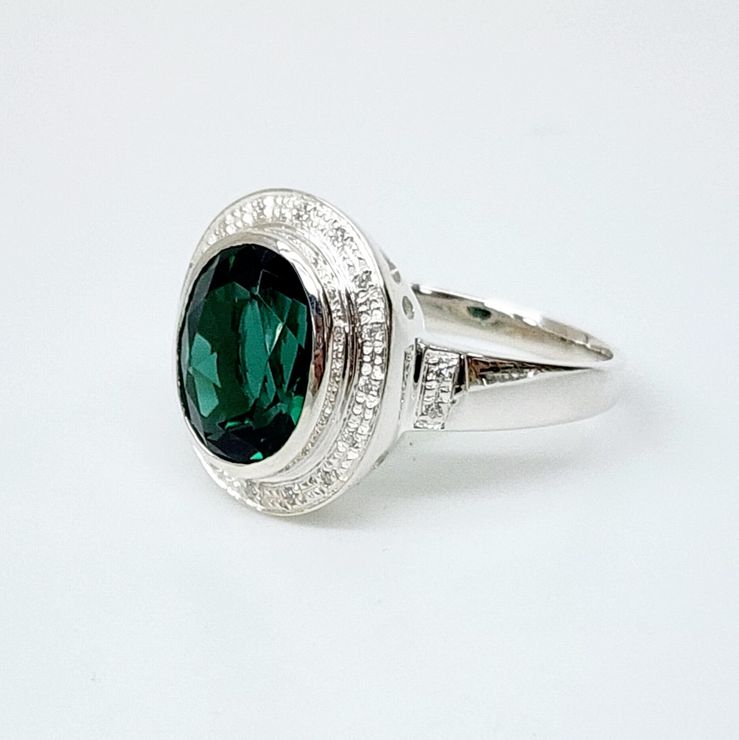 Sterling Silver 10mm x 13mm Ocal Cut Bezel Set Green CZ and Halo CZ Setting Ladies Dress Ring Sterling Silver Rings 