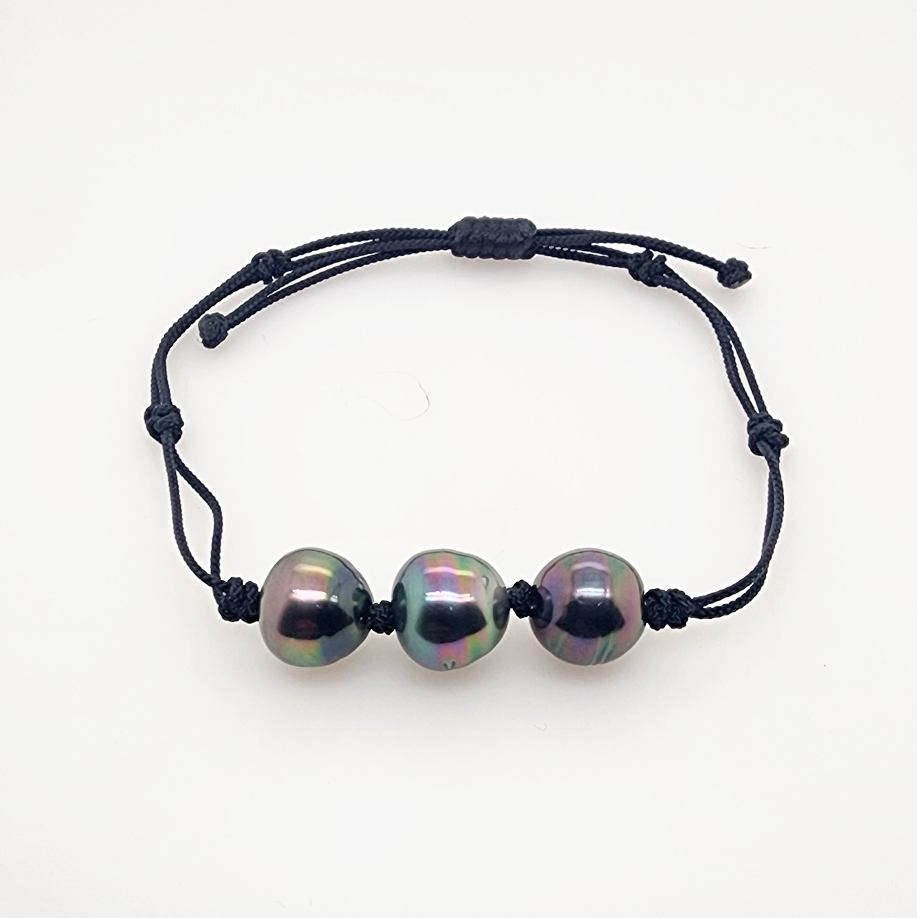10.5mm Semi Baroque Triple Tahitian Black Pearl, Unisex Black Cord Adjustable Size Bracelet - 22072806BLK Pearl Jewellery, Sterling Silver Pearl Jewellery 