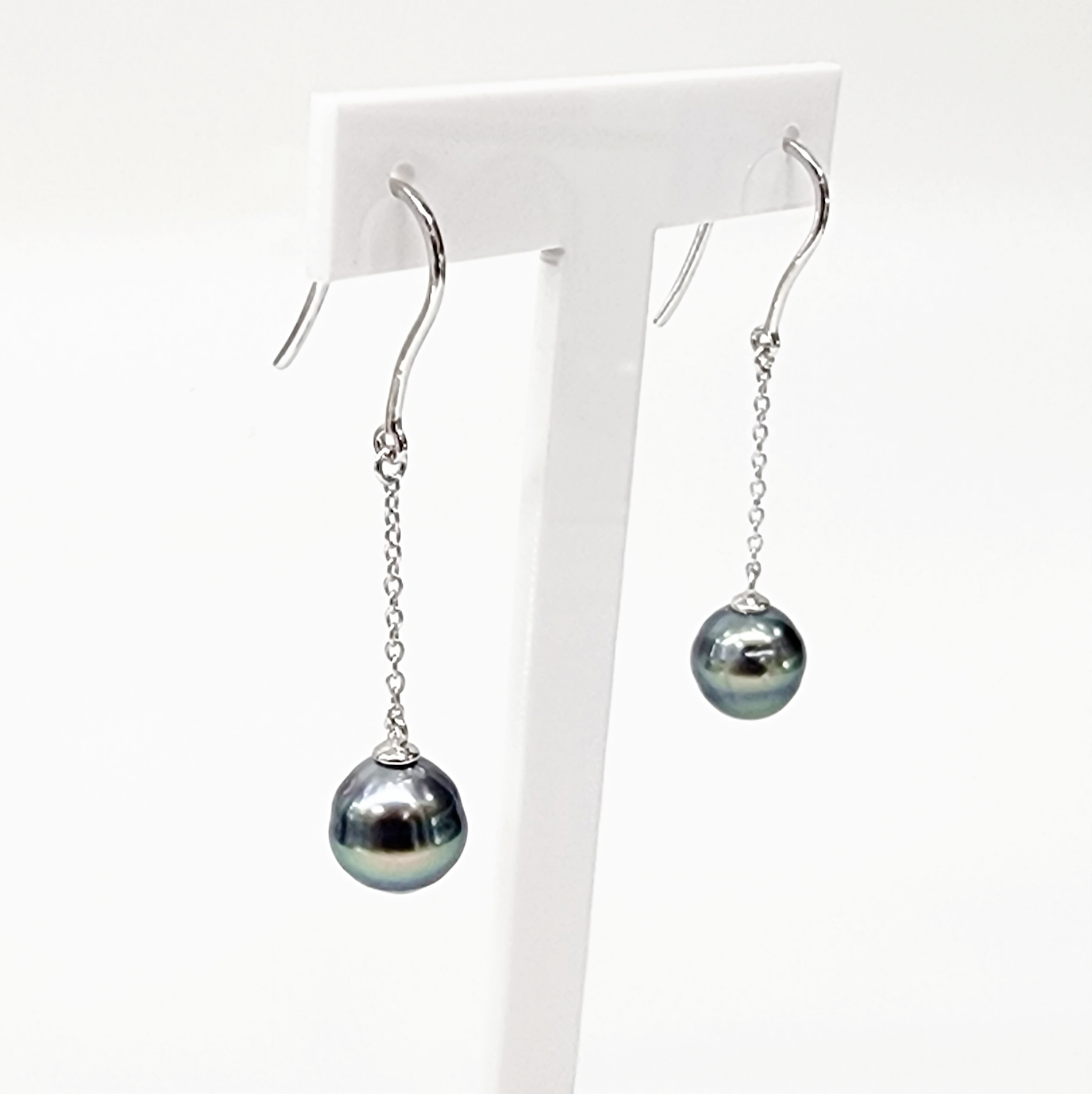 Sterling Silver 8.5mm Round Tahitian Black Pearl Hook Drop Earrings - NJ0100 Greenstone?Jewellery 