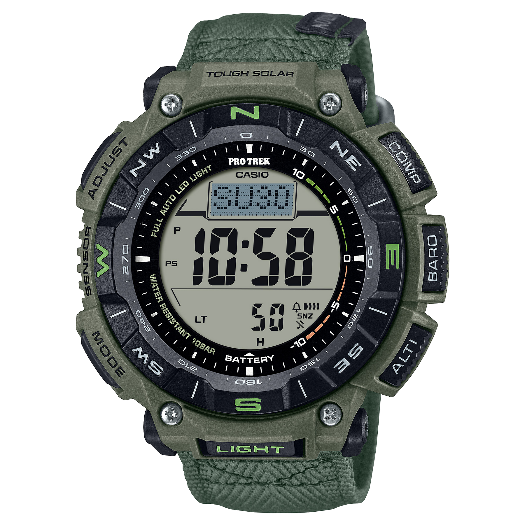 Casio PRO TREK Solar Powered, Triple Sensor, Green Case, Castlon Band 100M WR - PRG340B-3D G-SHOCK 