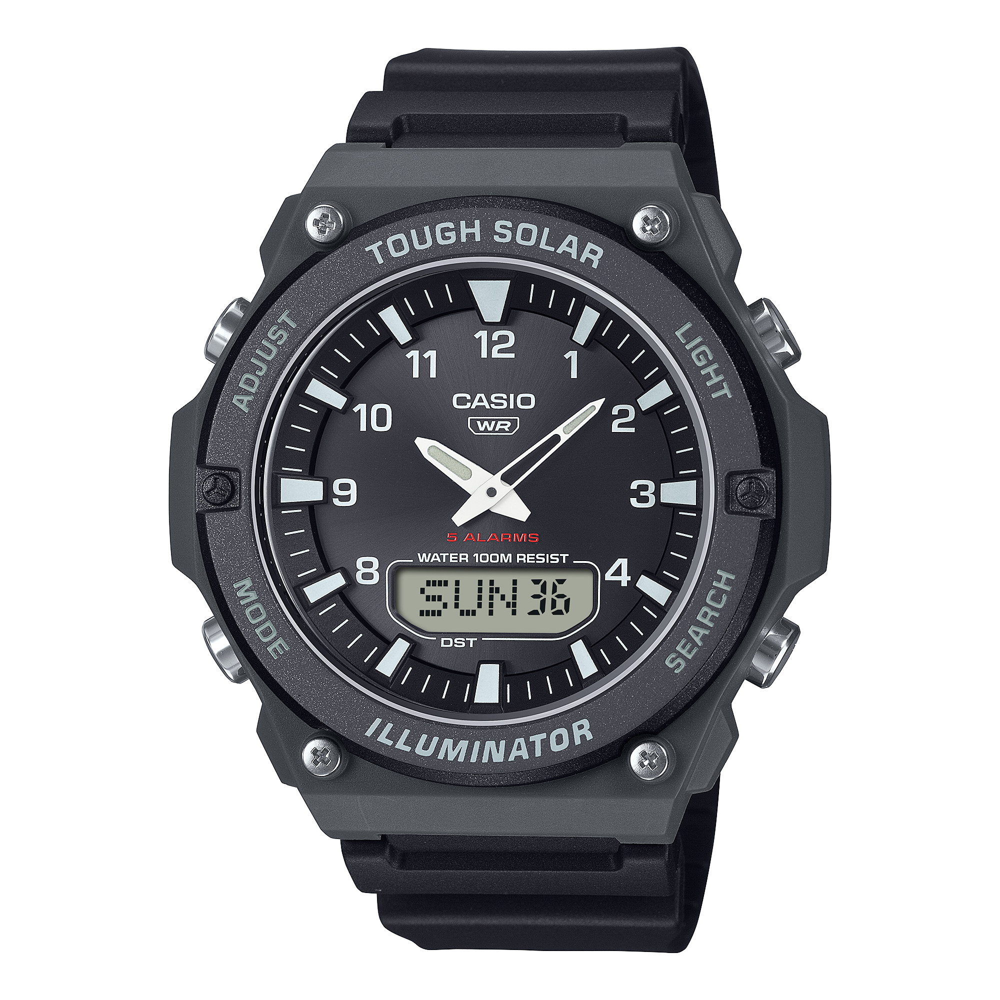 Casio Solar Powered Duel Time 100M WR Black Case, Black Resin Band - AQ-S820W-1AV WATCH 