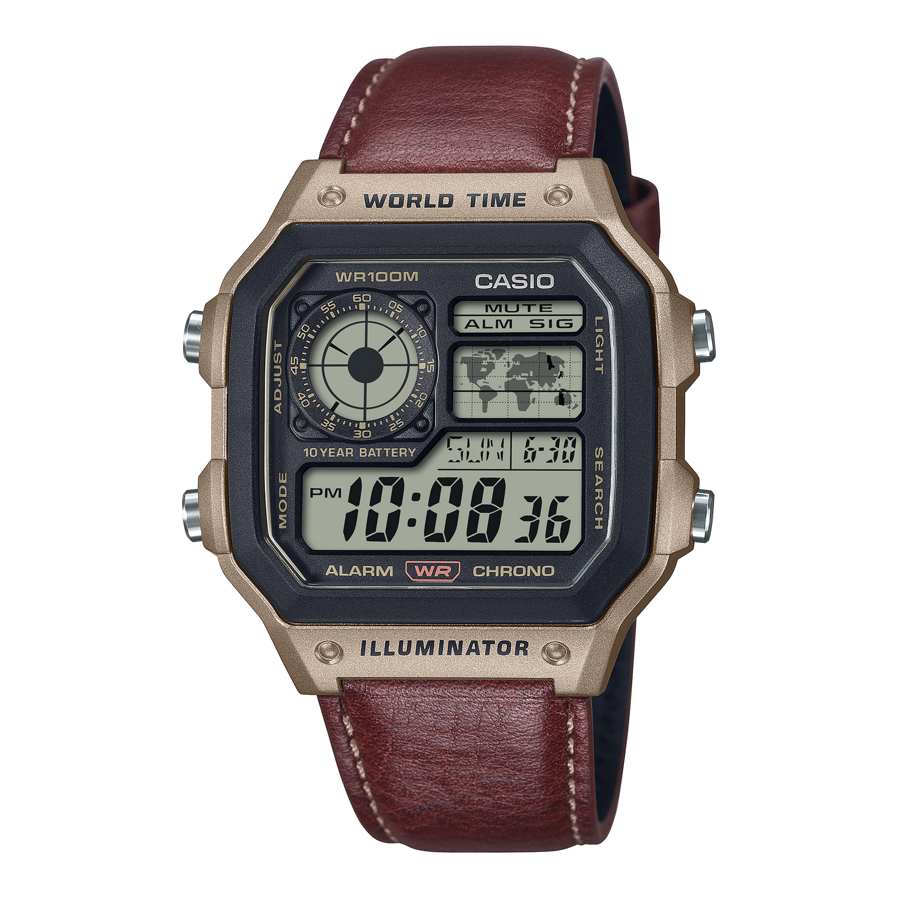 Casio Digital Gadget Inspired, Brown Leather WR Watch - AE1200WHL-5A CASIO 