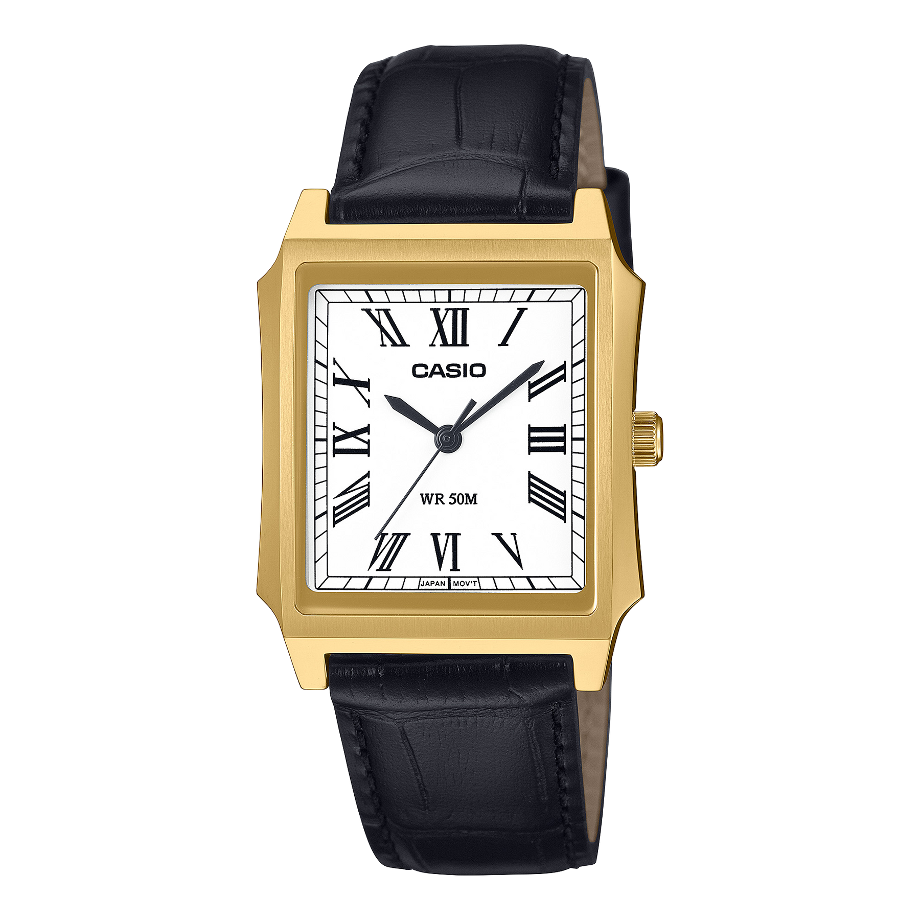 Casio Analogue White Dial, Gold Case & Black Leather Strap Watch - MTPB190GL-7B CASIO 