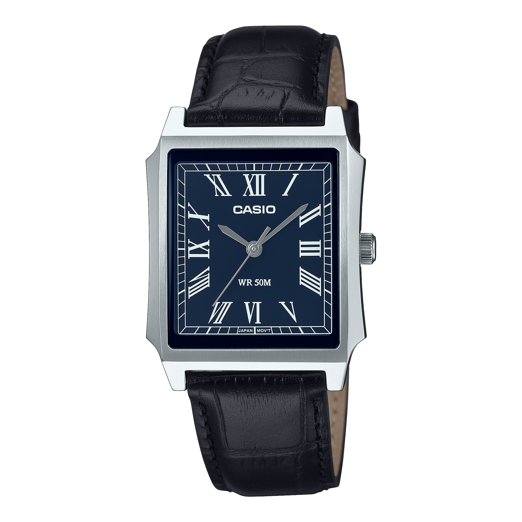 Casio Analogue Blue Dial, Silver Case & Black Leather Strap Watch - MTPB190L-2B CASIO 